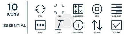 conjunto de iconos de esquema esencial, como sincronización de línea delgada, calculadora, alinear a la derecha, cursiva, actualizar, aprobar, iconos de menú para el informe, presentación, diagrama, diseño web