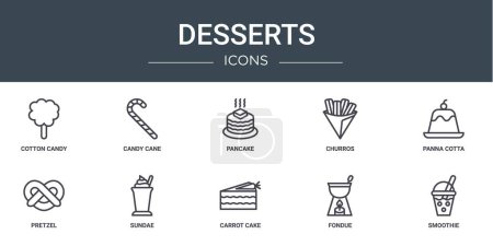 Illustration for Set of 10 outline web desserts icons such as cotton candy, candy cane, pancake, churros, panna cotta, pretzel, sundae vector icons for report, presentation, diagram, web design, mobile app - Royalty Free Image