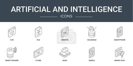 set of 10 outline web artificial and intelligence icons such as d de, file, website, hologram, smartphone, smart speaker, d cube vector icons for report, presentation, diagram, web design, mobile