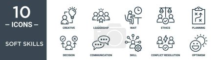 Photo for Soft skills outline icon set includes thin line creative, leadership, wait, ethics, planning, decision, communication icons for report, presentation, diagram, web design - Royalty Free Image