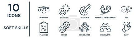 Illustration for Soft skills outline icon set such as thin line integrity, resource, pin, humor, persuasive, easy, planning icons for report, presentation, diagram, web design - Royalty Free Image