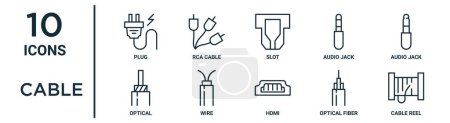 Ilustración de Conjunto de iconos de contorno de cable, como enchufe de línea delgada, ranura, conector de audio, cable, fibra óptica, carrete de cable, iconos ópticos para informe, presentación, diagrama, diseño web - Imagen libre de derechos