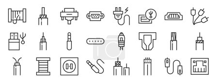 Ilustración de Conjunto de 24 iconos de cable web esquema como carrete de cable, óptico, dvi, vga, enchufe, concentrador USB, hdmi vector iconos para el informe, presentación, diagrama, diseño web, aplicación móvil - Imagen libre de derechos