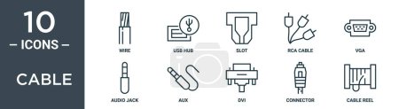 Ilustración de Conjunto de iconos de contorno de cable incluye alambre de línea delgada, concentrador USB, ranura, cable rca, vga, conector de audio, iconos aux para el informe, presentación, diagrama, diseño web - Imagen libre de derechos