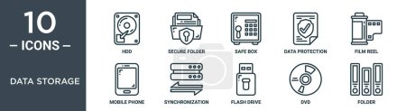 Datenspeicher Umriss Symbol-Set enthält dünne Linie HDD, sichere Ordner, Safe Box, Datenschutz, Filmrolle, Mobiltelefon, Synchronisations-Symbole für Bericht, Präsentation, Diagramm, Webdesign