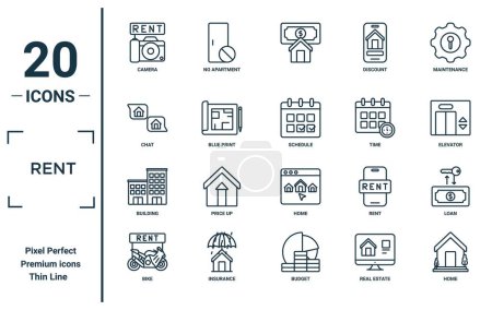 Illustration for Rent linear icon set. includes thin line camera, chat, building, bike, home, schedule, loan icons for report, presentation, diagram, web design - Royalty Free Image
