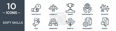 Illustration for Soft skills outline icon set includes thin line punctuality, flexibility, winner, responsibility, initiative, easy, persuasive icons for report, presentation, diagram, web design - Royalty Free Image