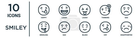Illustration for Smiley outline icon set such as thin line happy, laugh, sad, sad, cry, disappointed, drooling icons for report, presentation, diagram, web design - Royalty Free Image