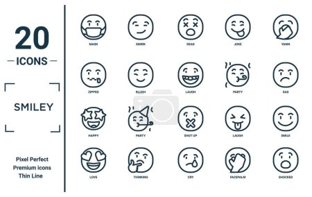 Illustration for Smiley linear icon set. includes thin line mask, zipped, happy, love, shocked, laugh, smile icons for report, presentation, diagram, web design - Royalty Free Image