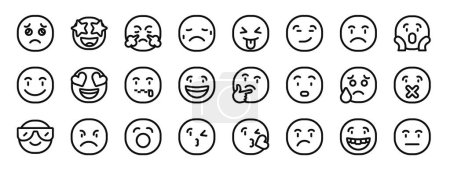 Illustration for Set of 24 outline web smiley icons such as cry, happy, angry, disappointed, laugh, smirk, sad vector icons for report, presentation, diagram, web design, mobile app - Royalty Free Image