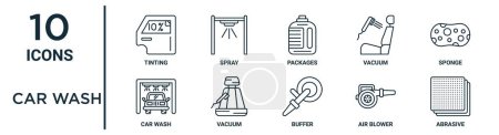 car wash outline icon set such as thin line tinting, packages, sponge, vacuum, air blower, abrasive, car wash icons for report, presentation, diagram, web design