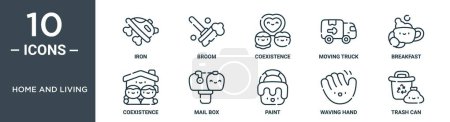 home and living outline icon set includes thin line iron, broom, coexistence, moving truck, breakfast, coexistence, mail box icons for report, presentation, diagram, web design