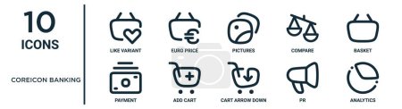 coreicon banking outline icon set such as thin line like variant, pictures, basket, add cart, pr, analytics, payment icons for report, presentation, diagram, web design