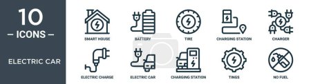 Illustration for Electric car outline icon set includes thin line smart house, battery, tire, charging station, charger, electric charge, electric car icons for report, presentation, diagram, web design - Royalty Free Image