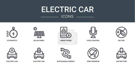 Illustration for Set of 10 outline web electric car icons such as stopwatch, solar panel, smartphone, voice control, no fuel, electric car, electric car vector icons for report, presentation, diagram, web design, - Royalty Free Image