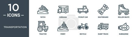 transportation outline icon set includes thin line yatch, caravan, pickup car, skateboard, roller skate, tractor, ferry icons for report, presentation, diagram, web design