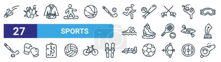 Photo for Set of 27 outline web sports icons such as badminton, bowling, karate, baseball, ice skate, boxing, racing, whistle vector thin line icons for web design, mobile app. - Royalty Free Image