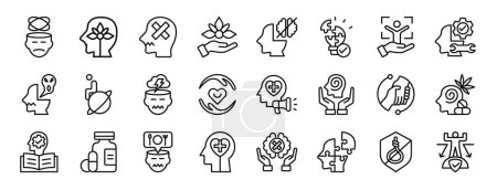 Illustration for Set of 24 outline web mental health icons such as depression, positive mind, trauma, theraphy, stigma, strategies, body image vector icons for report, presentation, diagram, web design, mobile app - Royalty Free Image