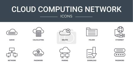 set of 10 outline web cloud computing network icons such as queue, calculating, delete, folder, ethernet, network, password vector icons for report, presentation, diagram, web design, mobile app