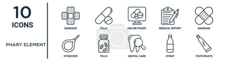 phary element outline icon set such as thin line bandage, online phary, bandage, pills, syrup, toothpaste, otoscope icons for report, presentation, diagram, web design