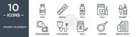 conjunto de iconos de esquema de elemento phary incluye pastillas de línea delgada, bisturí, pastillas, pastillas, caída de los ojos, presión arterial, iconos de estetoscopio para el informe, presentación, diagrama, diseño web