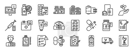 Illustration for Set of 24 outline web phary icons such as information, antibacterial, drugs, phary, hospital, bandage roll, blood pressure vector icons for report, presentation, diagram, web design, mobile app - Royalty Free Image