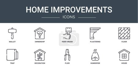 Illustration for Set of 10 outline web home improvements icons such as mallet, ownership, paint brush, plastering, floor, trap, decoration vector icons for report, presentation, diagram, web design, mobile app - Royalty Free Image