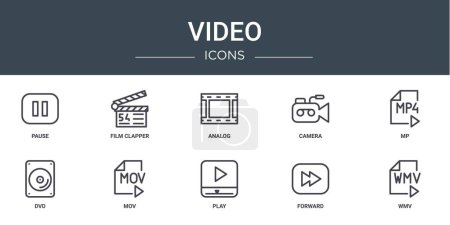 Illustration for Set of 10 outline web video icons such as pause, film clapper, analog, camera, mp, dvd, mov vector icons for report, presentation, diagram, web design, mobile app - Royalty Free Image