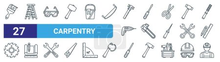 set of 27 outline web carpentry icons such as paint brush, ladder, safety glasses, screwdriver, chainsaw, blueprint, screwdriver, builder vector thin line icons for web design, mobile app.