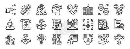 Illustration for Set of 24 outline web career and leadership icons such as talent search, chain, empowerment, compliment, psychology, univeristy, knowledge transfer vector icons for report, presentation, diagram, - Royalty Free Image