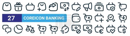 set of 27 outline web coreicon banking icons such as bags shopping, gift box, basket, pr, remove cart, analytics, blocked, usd vector thin line icons for web design, mobile app.