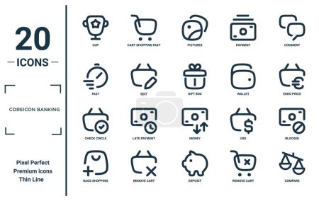Téléchargez les illustrations : Ensemble d'icônes linéaires bancaires coreicon. comprend coupe ligne mince, rapide, cercle de contrôle, sacs shopping, comparer, boîte cadeau, icônes bloquées pour rapport, présentation, diagramme, conception web - en licence libre de droit