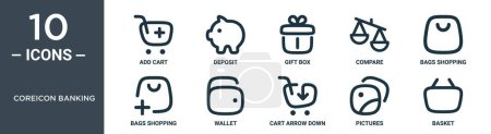 coreicon banking outline icon set includes thin line add cart, deposit, gift box, compare, bags shopping, bags shopping, wallet icons for report, presentation, diagram, web design