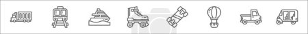 outline set of transportation line icons. linear vector icons such as cargo truck, train, yatch, roller skate, skateboard, hot air balloon, pickup car, rickshaw