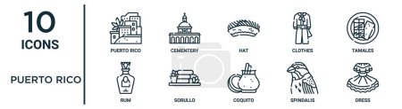 Illustration for Puerto rico outline icon set such as thin line puerto rico, hat, tamales, sorullo, spindalis, dress, rum icons for report, presentation, diagram, web design - Royalty Free Image