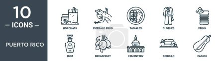Illustration for Puerto rico outline icon set includes thin line horchata, emerald frog, tamales, clothes, drink, rum, breadfruit icons for report, presentation, diagram, web design - Royalty Free Image