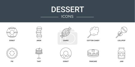 10 umrissene Webdessert-Symbole wie Donut, Aron, Bonbons, Zuckerwatte, Lutscher, Kuchen, herbe Vektorsymbole für Bericht, Präsentation, Diagramm, Webdesign, mobile App