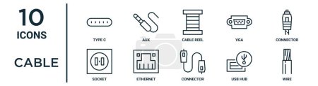 Kabelumrisssymbole wie dünne Linie Typ c, Kabelrolle, Stecker, Ethernet, USB-Hub, Draht, Buchsensymbole für Bericht, Präsentation, Diagramm, Webdesign