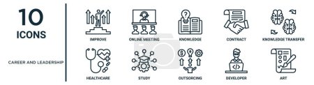 career and leadership outline icon set such as thin line improve, knowledge, knowledge transfer, study, developer, art, healthcare icons for report, presentation, diagram, web design