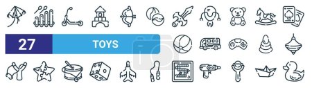 Ilustración de Conjunto de 27 iconos contorno de juguetes web como cometa, xilófono, scooter, robot, juguete, rompecabezas, juego de mesa, vector de pato de goma iconos de línea delgada para el diseño web, aplicación móvil. - Imagen libre de derechos