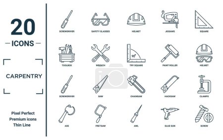 carpentry linear icon set. includes thin line screwdriver, toolbox, screwdriver, axe, screw, try square, clamps icons for report, presentation, diagram, web design