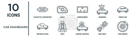 conjunto de iconos del salpicadero del coche, como convertidor catalítico de línea fina, parabrisas, aire fresco, asiento, cinturón de seguridad, freno de disco, iconos recirculados para el informe, presentación, diagrama, diseño web