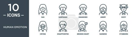 Illustration for Human emotion outline icon set includes thin line sad, surprised, unamused, angry, dizzy, crying, disappointed icons for report, presentation, diagram, web design - Royalty Free Image