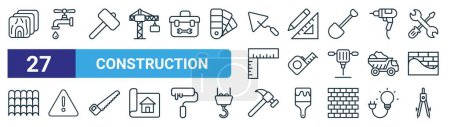 Photo for Set of 27 outline web construction icons such as wood, plumbing, hammer, drawing tools, measuring tape, error, hammer, compass vector thin line icons for web design, mobile app. - Royalty Free Image