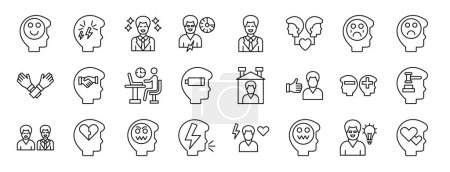 Ilustración de Conjunto de 24 contorno web iconos de inteligencia emocional como divertido, frustrado, emocionado, calmar, feliz, empatía, llorando iconos vectoriales para el informe, presentación, diagrama, diseño web, aplicación móvil - Imagen libre de derechos