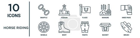horse riding outline icon set such as thin line snaffle, flags, knee pads, boot, bucket, brush, wheels icons for report, presentation, diagram, web design
