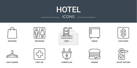 set of 10 outline web hotel icons such as shopping, restroom, pool, fridge, cash point, coat hanger, first aid vector icons for report, presentation, diagram, web design, mobile app
