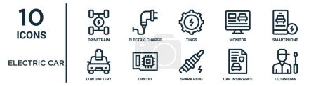 electric car outline icon set such as thin line drivetrain, tings, smartphone, circuit, car insurance, technician, low battery icons for report, presentation, diagram, web design