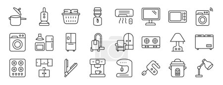 Illustration for Set of 24 outline web home appliances icons such as pressure cooker, vacuum cleaner, laundry, dispenser, air conditioner, tv, oven vector icons for report, presentation, diagram, web design, mobile - Royalty Free Image