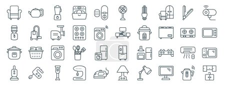 Illustration for Set of 40 outline web home appliances icons such as kettle, dispenser, crock pot, vacuum cleaner, cooktop, curtains, fan icons for report, presentation, diagram, web design, mobile app - Royalty Free Image